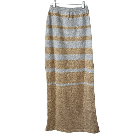 Paco Rabanne Gold Silver Stripe Metallic Knit Maxi Skirt Side Slit Glam Resort - Picture 3 of 14